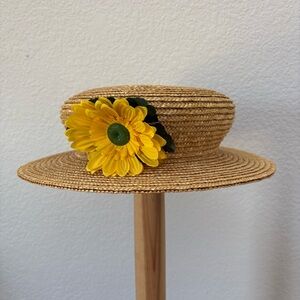 Women’s Natural Straw Hat w/ Bright Yellow Sunflower - Garden, high tea, Easter